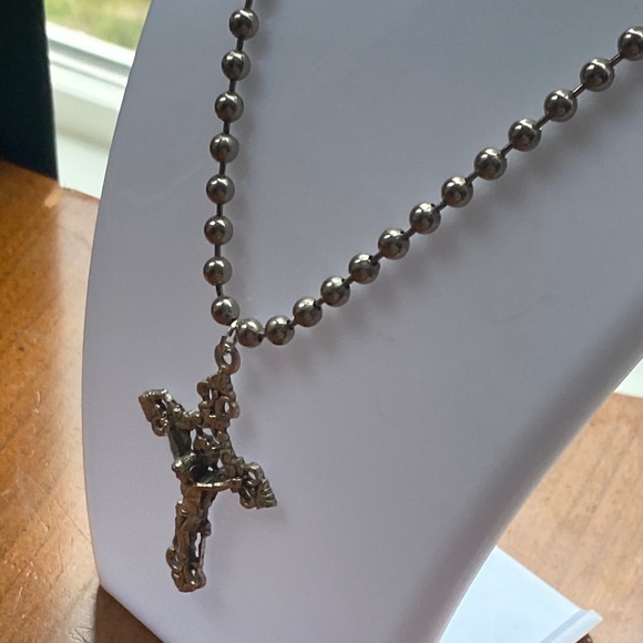 Vintage unisex big bead ball ๐ style chain religious Silver Cross Necklace - Picture 4 of 5